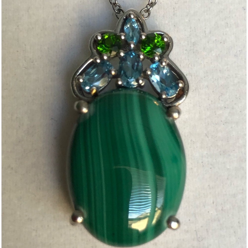 Malachite,  Blue Topaz & Chrome Diopside in Platinum Necklace